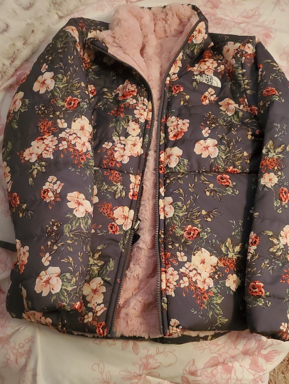 The North Face Women's Floral Puffer Jacket in Navy with Pink Plush Lining